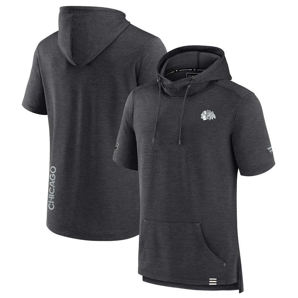 Men's Fanatics Heather Charcoal Chicago Blackhawks Authentic Pro Short Sleeve Pullover Hoodie