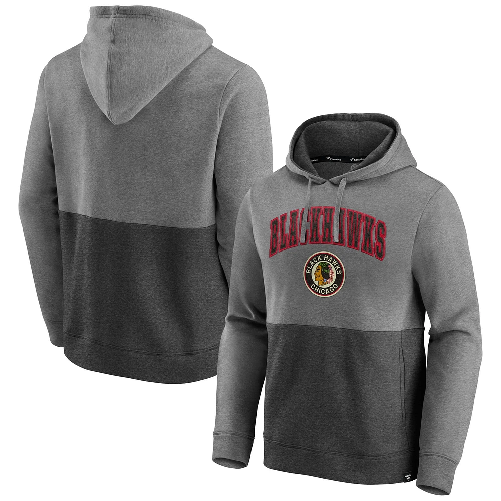 Men's Fanatics Heathered Gray/Black Chicago Blackhawks Block Party Classic Arch Signature Pullover Hoodie