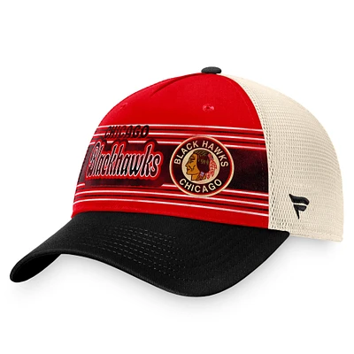 Casquette réglable de camionneur vintage Fanatics rouge/noir Chicago Blackhawks Heritage pour hommes