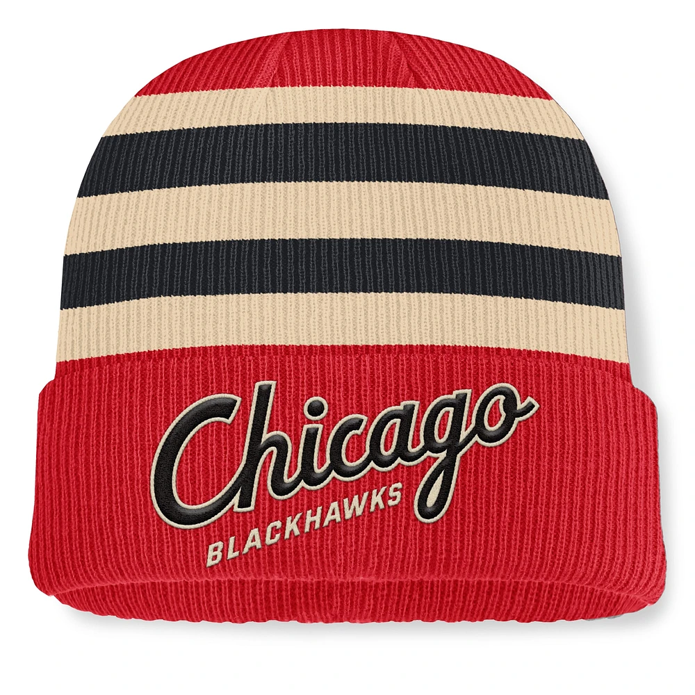 Bonnet en tricot à revers classique d'hiver 2025 de la LNH Fanatics pour hommes, rouge/crème, Chicago Blackhawks