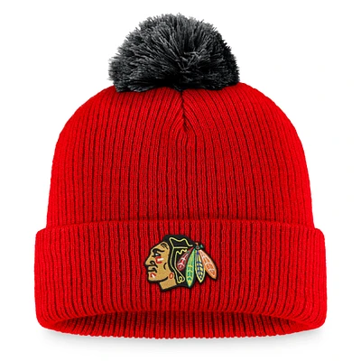 Bonnet en tricot à revers de l'équipe Fanatics Red Chicago Blackhawks pour hommes avec pompon