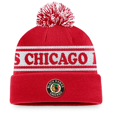 Bonnet en tricot à revers Fanatics pour hommes rouge Chicago Blackhawks Vintage Sport Resort avec pompon