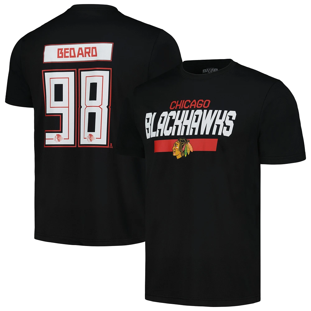 T-shirt noir avec nom et numéro de joueur l'hymne des Blackhawks Chicago Connor Bedard Levelwear pour hommes