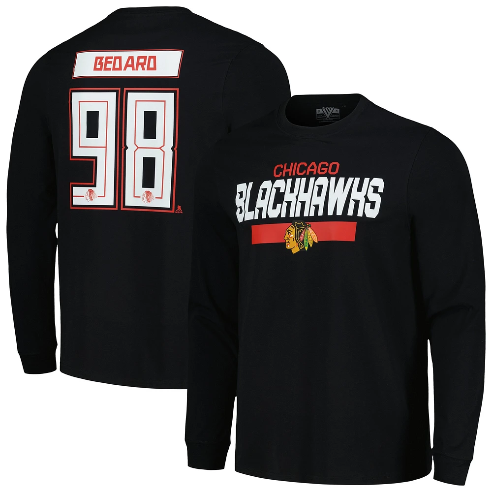 Men's Levelwear Connor Bedard Black Chicago Blackhawks Oscar Name & Number Long Sleeve T-Shirt