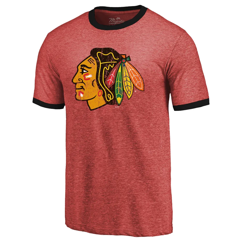 Majestic Threads Men's Majestic Threads Heathered Red Chicago Blackhawks  Ringer Contrast Tri-Blend T-Shirt