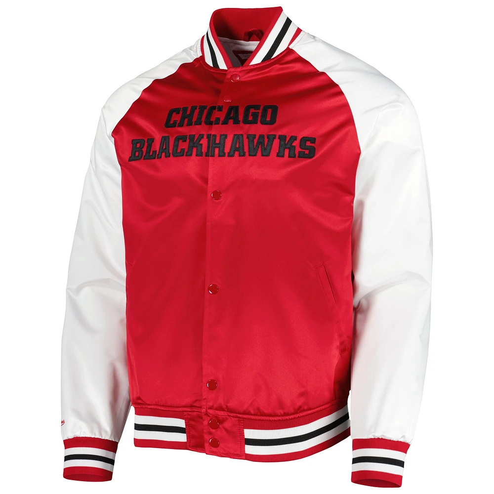 Veste à bouton-pression en satin raglan Primetime Chicago Blackhawks Mitchell & Ness rouge/blanc pour hommes