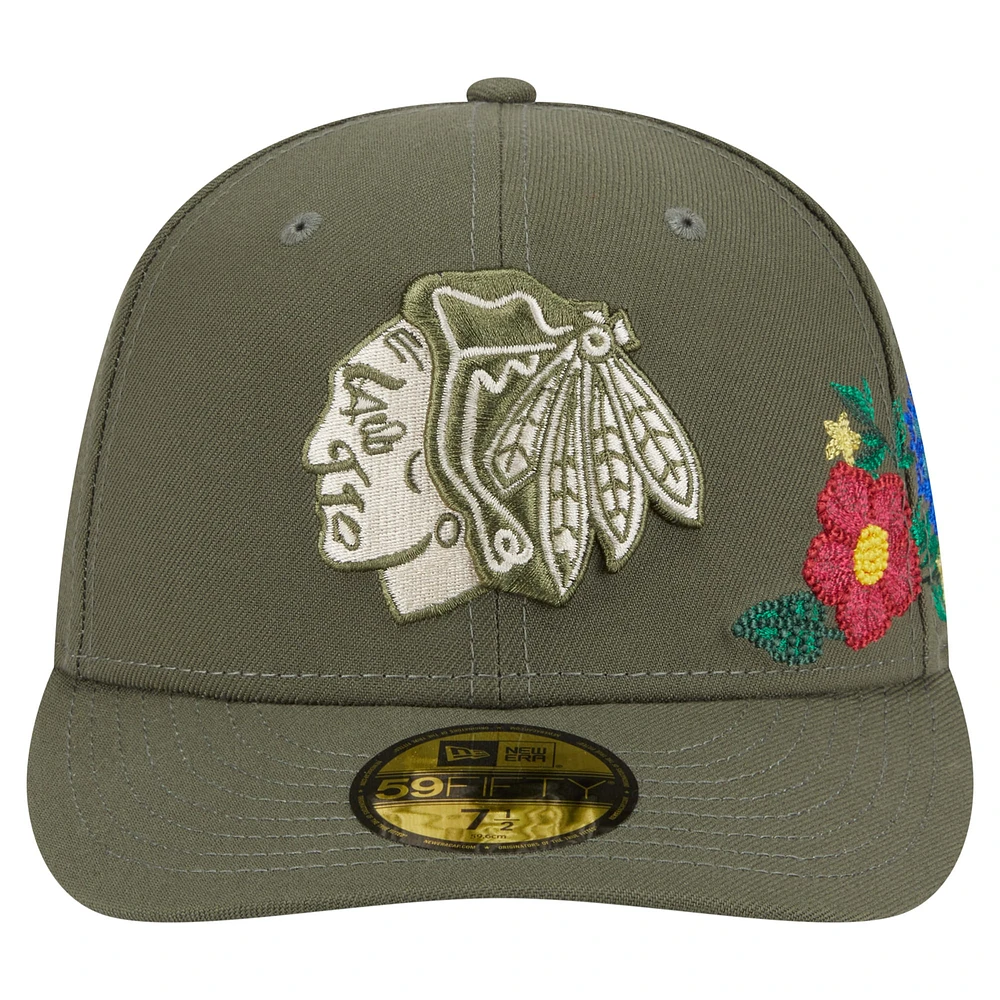 Men's New Era Olive Chicago Blackhawks Tonal Florals 59FIFTY Fitted Hat