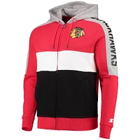 Men's Starter Red/Black Chicago Blackhawks Playoffs Color Block Full-Zip Hoodie