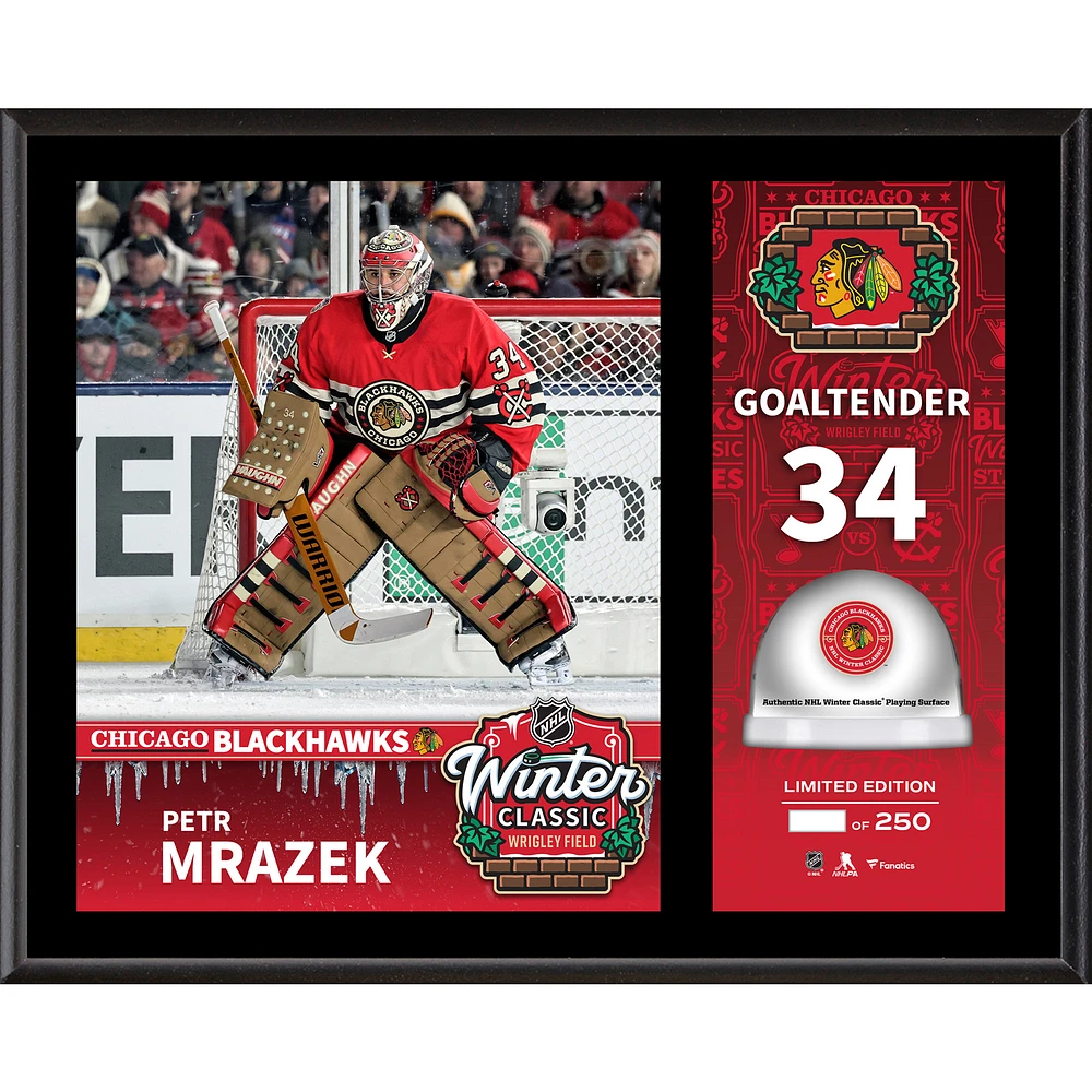 Plaque sublimée de 12" x 15" de Petr Mrazek Chicago Blackhawks 2025 NHL Winter Classic avec glace utilisée lors du match - Édition limitée à 250