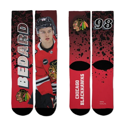 Chaussettes unisexes pour pieds nus Connor Bedard noires Chicago Blackhawks Road Warrior Crew