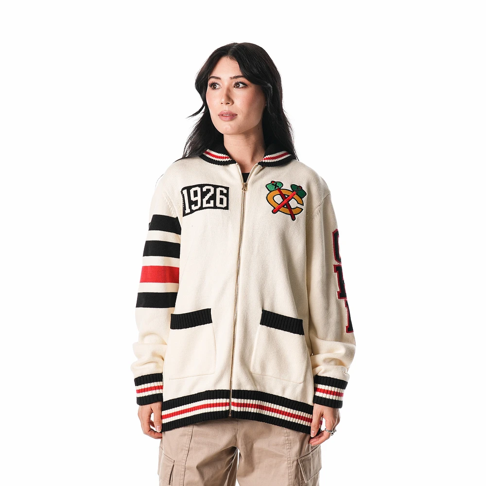 Pull unisexe zippé en jacquard Chicago Blackhawks crème The Wild Collective