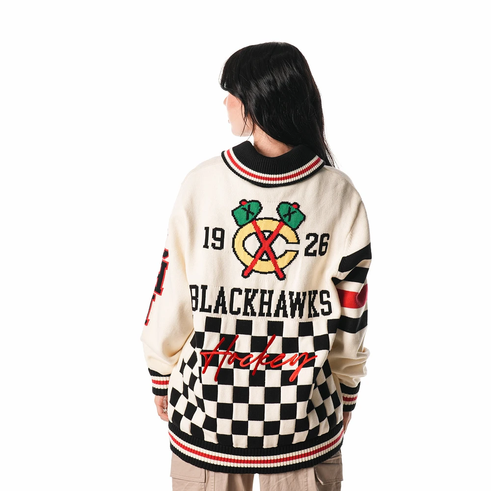 Pull unisexe zippé en jacquard Chicago Blackhawks crème The Wild Collective