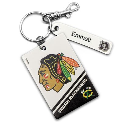 White Chicago Blackhawks Personalized Leather Rectangle Keychain