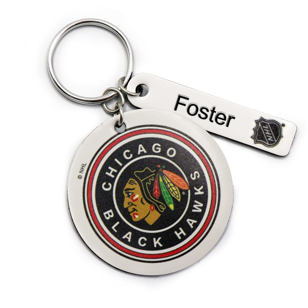 White Chicago Blackhawks Personalized Leather Round Keychain