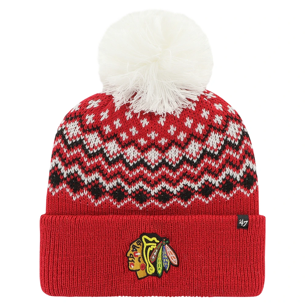 Bonnet en tricot à revers Elsa '47 Chicago Blackhawks pour femmes rouge avec pompon