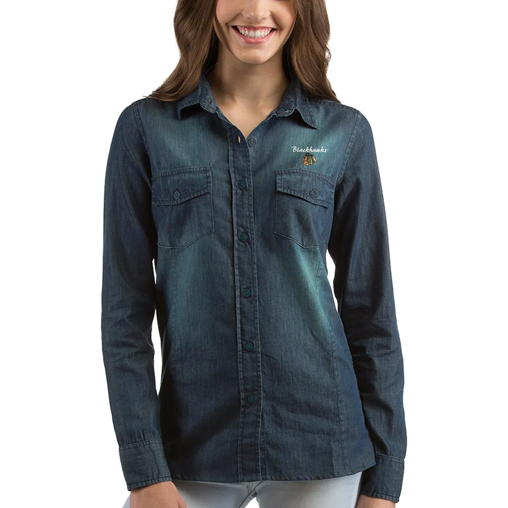 Chemise boutonnée à manches longues en denim Antigua pour femme, modèle Outlook des Chicago Blackhawks