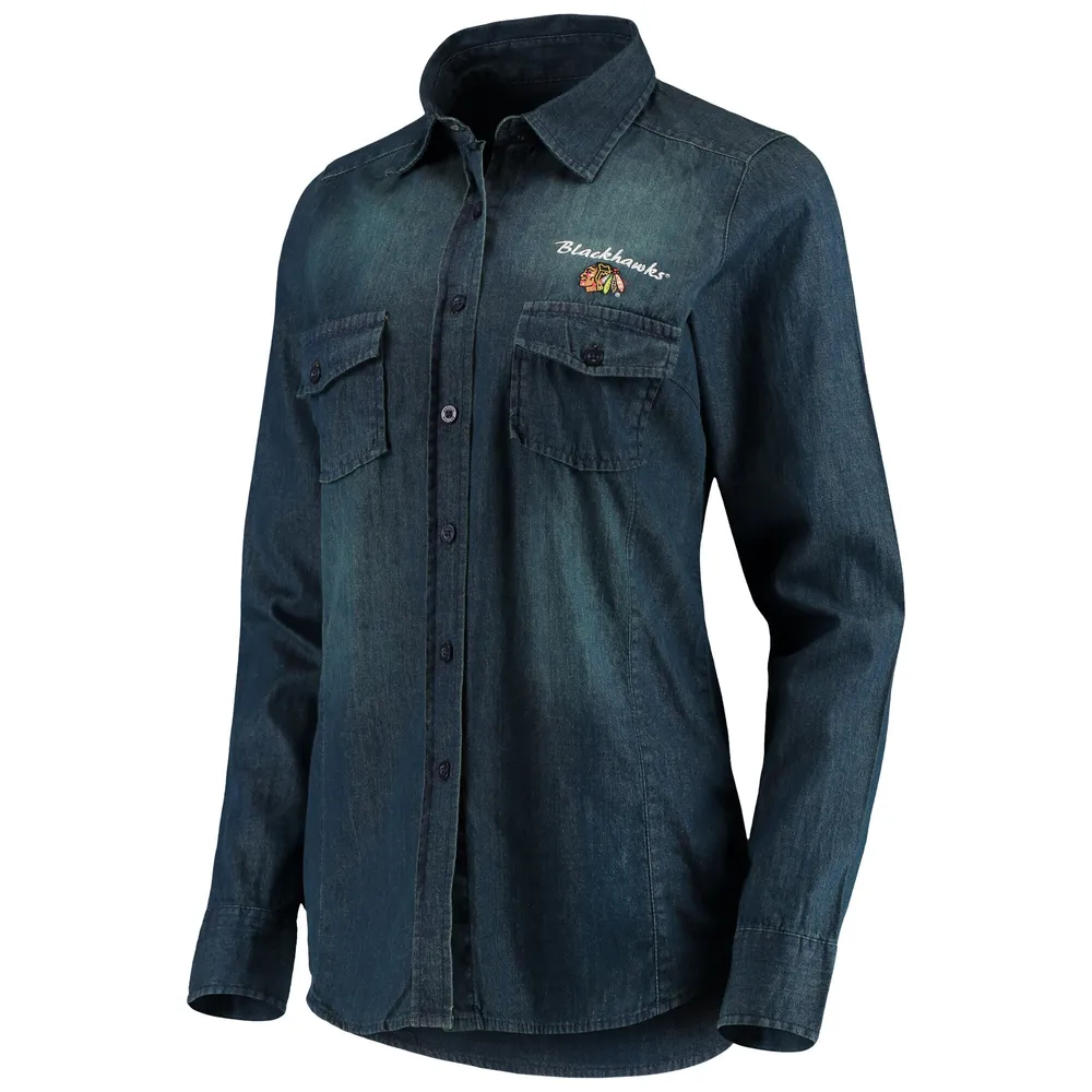 Chemise boutonnée à manches longues en denim Antigua pour femme, modèle Outlook des Chicago Blackhawks