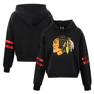 Sweat à capuche court sequins Cuce Black Chicago Blackhawks pour femme