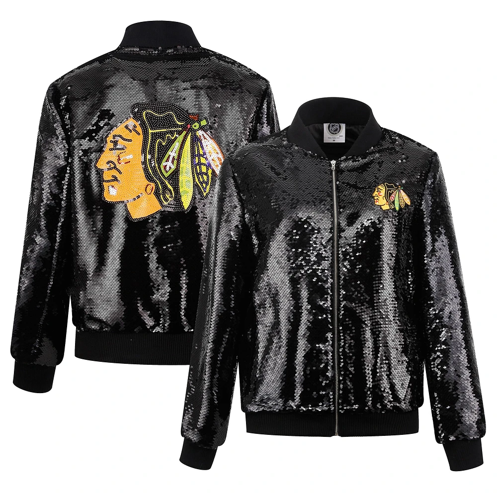 Veste zippée entièrement pailletée Cuce Black Chicago Blackhawks pour femme