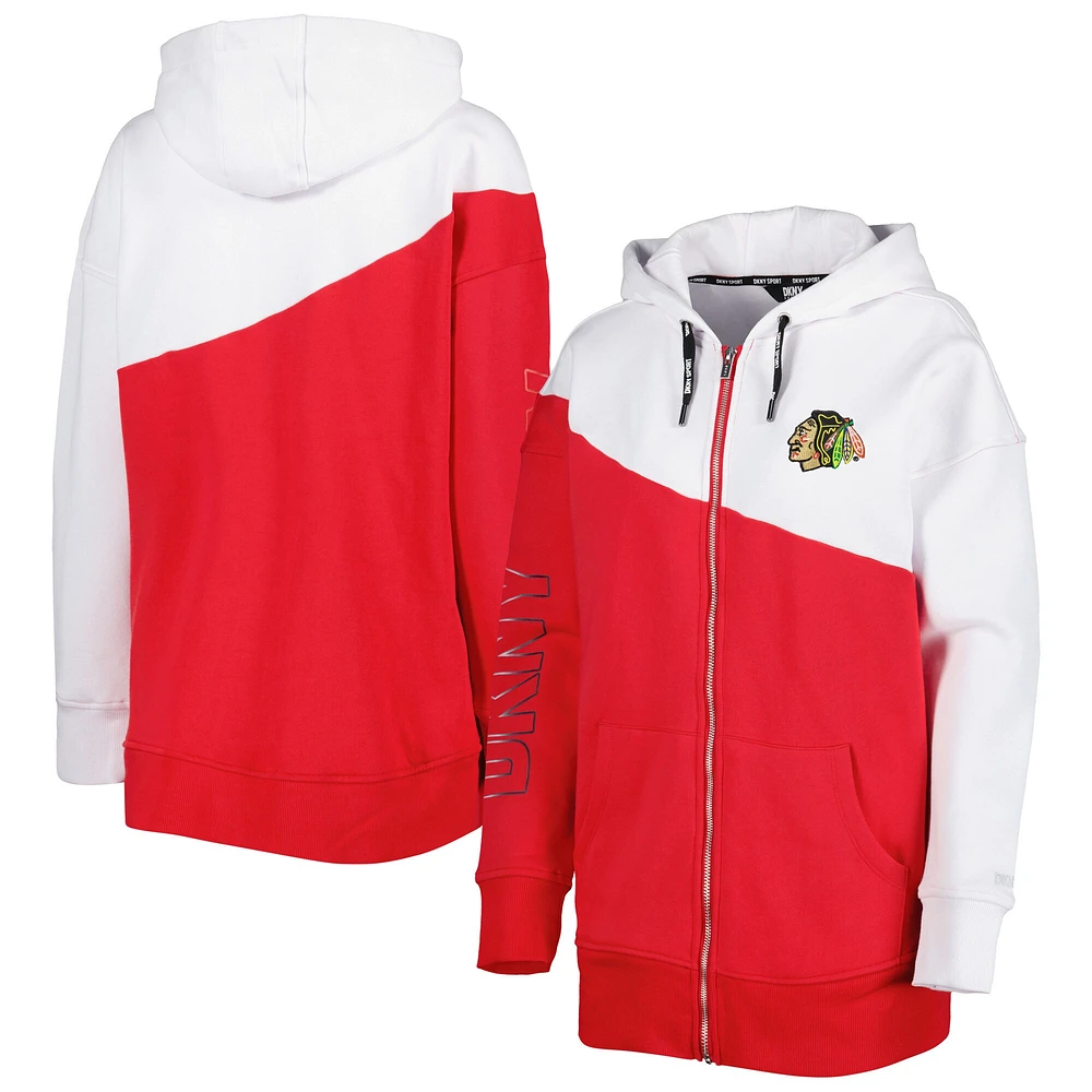 Chandail à capuchon glissière pleine longueur Gina Chicago Blackhawks DKNY Sport pour femme, rouge/blanc