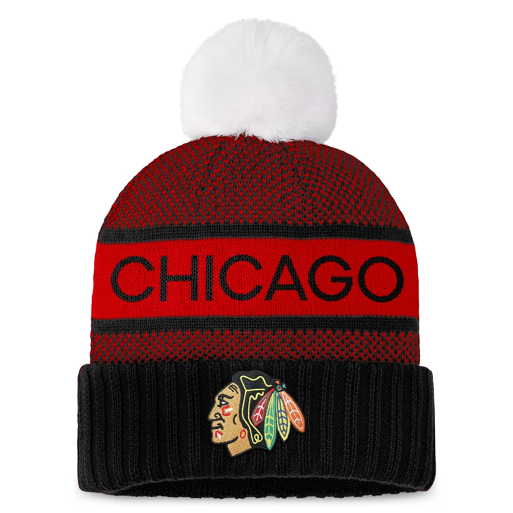 Bonnet en tricot à revers authentique Pro Rink Fanatics pour femmes, noir/rouge, Chicago Blackhawks avec pompon