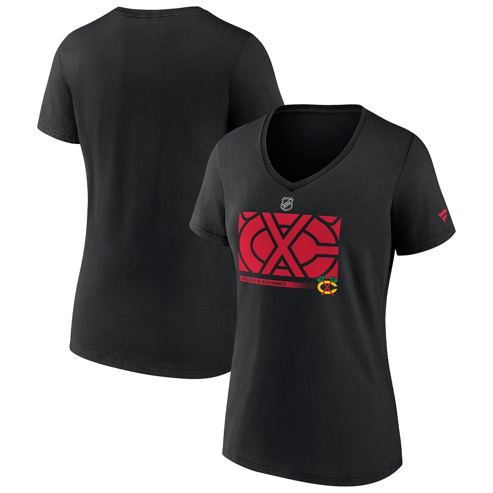 T-shirt noir à col en V avec logo secondaire de la collection Pro Core authentique des Blackhawks Chicago Fanatics pour femmes