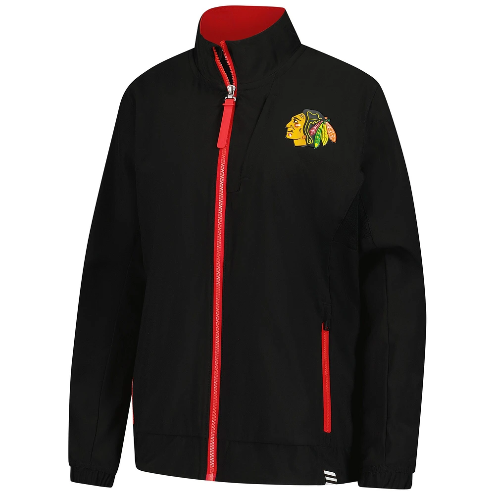 Veste d'entraîneur de patinoire authentique noire Fanatics des Blackhawks Chicago pour femmes, entièrement zippée