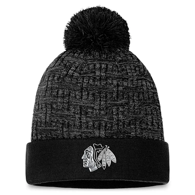 Bonnet en tricot à revers authentique Pro Road Fanatics pour femmes, noir, Chicago Blackhawks, avec pompon