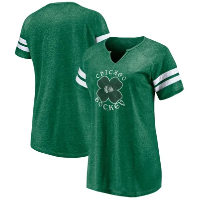 Chicago Blackhawks Fanatics Branded Women's St. Patrick's Day Celtic Crew Tri-Blend Notch Neck T-Shirt - Heathered Kelly Green/White