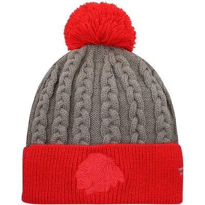 Bonnet en tricot à revers Fanatics Charcoal/Red Chicago Blackhawks pour femmes avec pompon