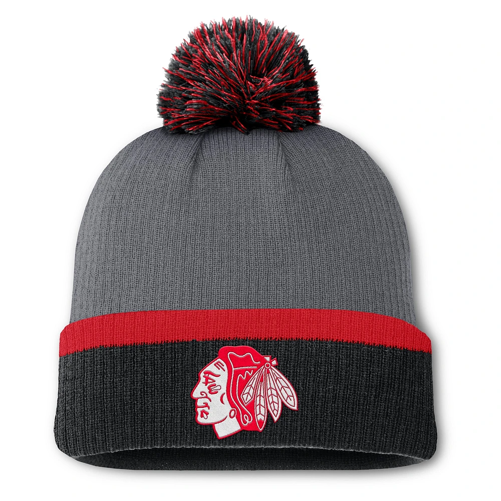 Women's Fanatics  Charcoal Chicago Blackhawks Cuffed Knit Hat with Pom