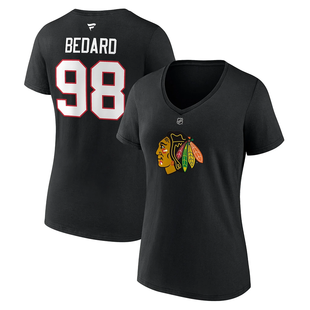 Fanatics pour femmes Connor Bedard Noir Chicago Blackhawks 2023 NHL Draft Authentique Stack Player Nom et numéro T-shirt à col en V