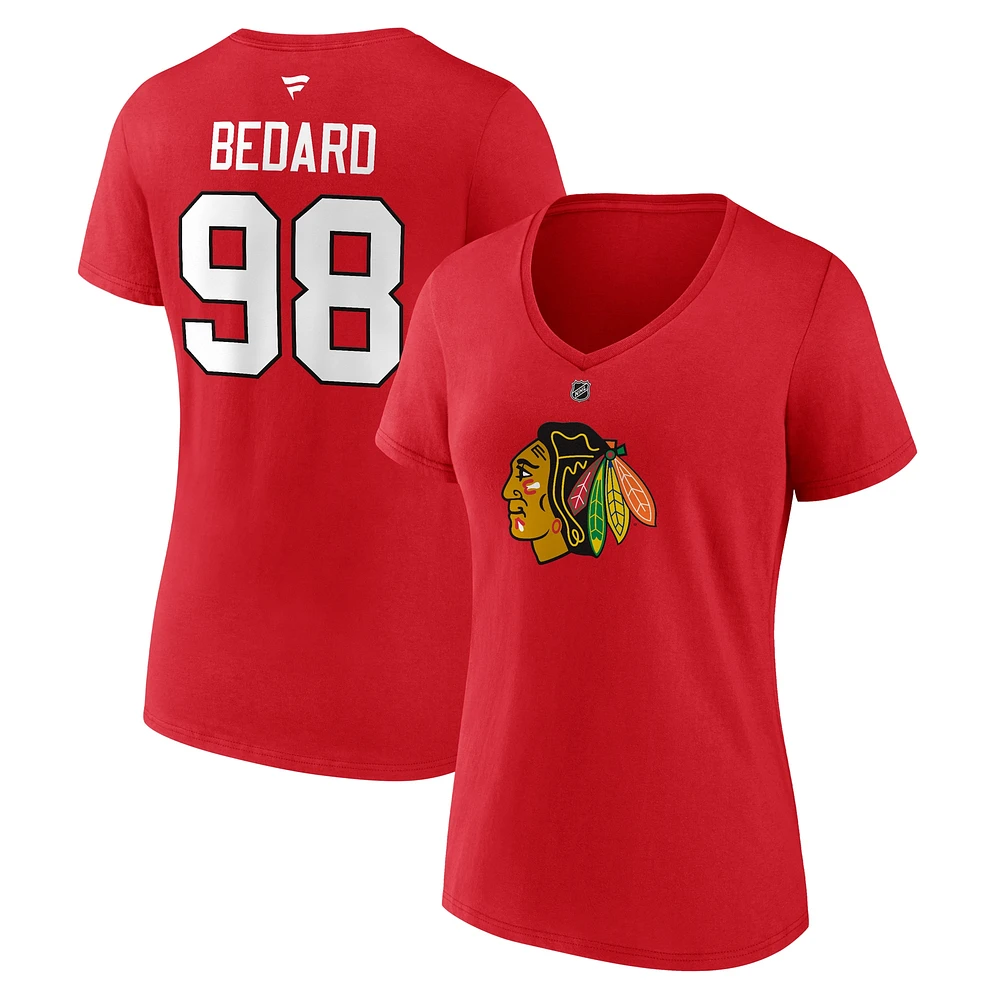 Fanatics pour femmes Connor Bedard rouge Chicago Blackhawks 2023 NHL Draft Authentique Stack Player Nom et numéro T-shirt à col en V