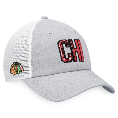 Casquette snapback emblématique Glimmer Trucker des Chicago Blackhawks Fanatics gris chiné/blanc pour femmes