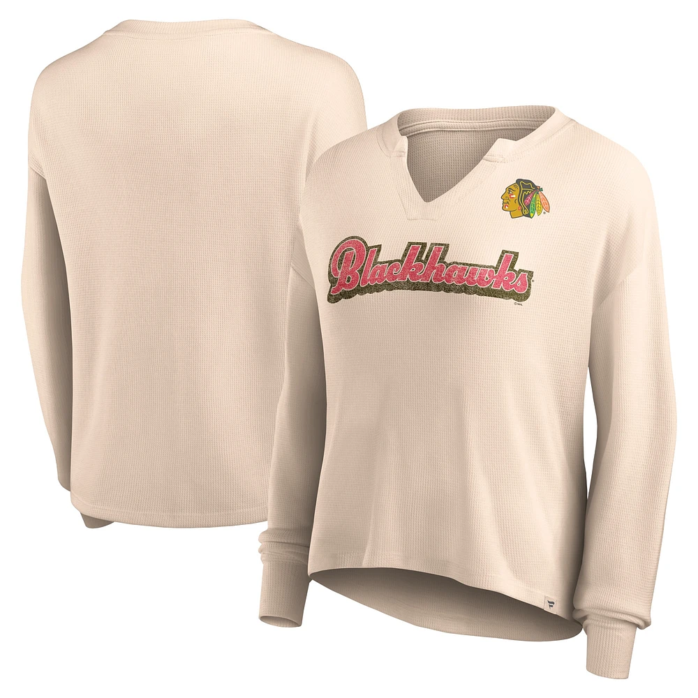 T-shirt à manches longues en tricot gaufré col cranté Oatmeal Chicago Blackhawks de marque Fanatics pour femmes