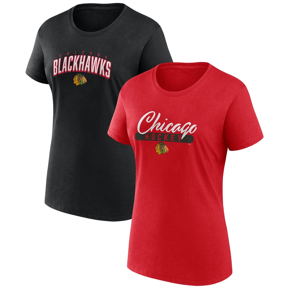 Ensemble de deux t-shirts fan Fanatics pour femmes, rouge/noir, Chicago Blackhawks