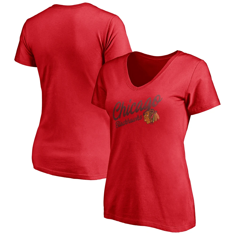 Women's Fanatics  Red Chicago Blackhawks Distressed V-Neck T-Shirt