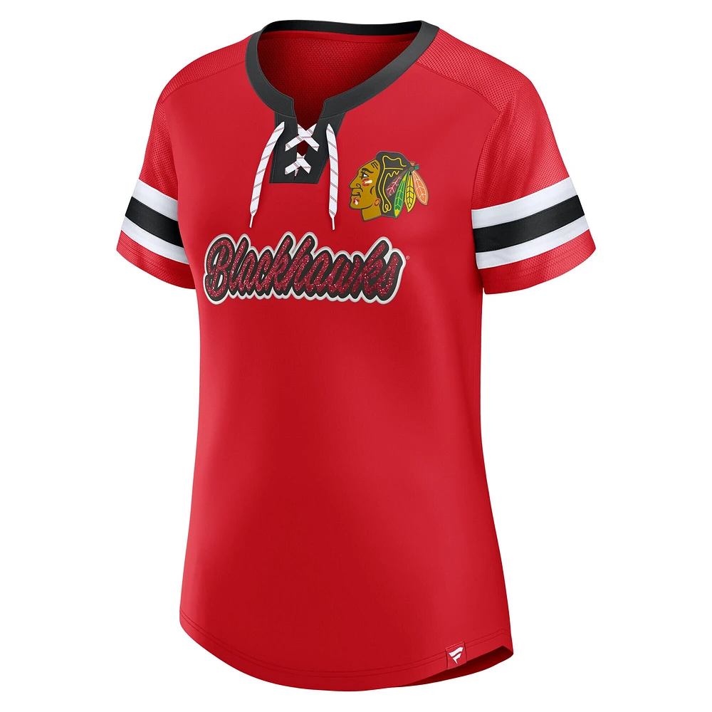 T-shirt à lacets emblématique Athena des Blackhawks de Chicago pour femmes Fanatics Red