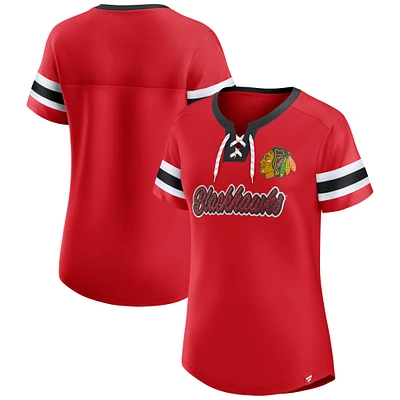 T-shirt à lacets emblématique Athena des Blackhawks de Chicago pour femmes Fanatics Red