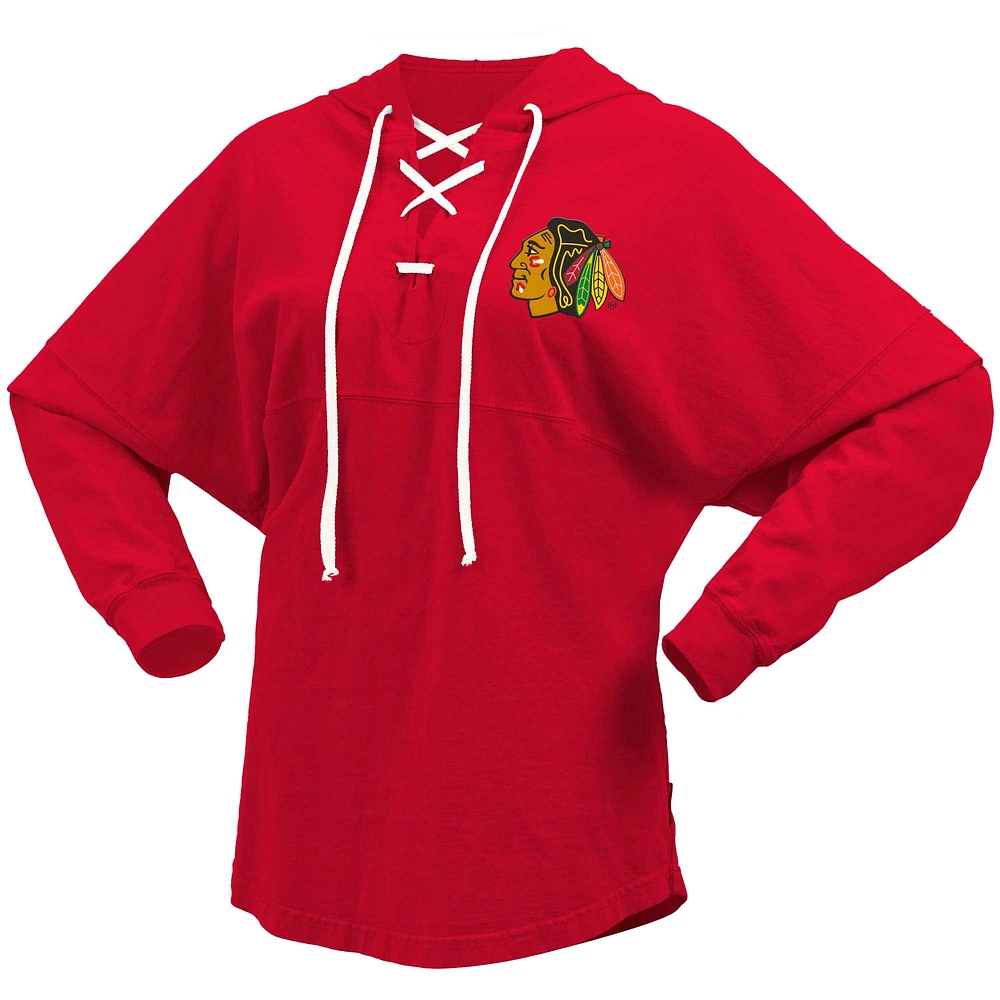 Women's Fanatics Red Chicago Blackhawks Jersey Lace-Up V-Neck Long Sleeve Hoodie T-Shirt