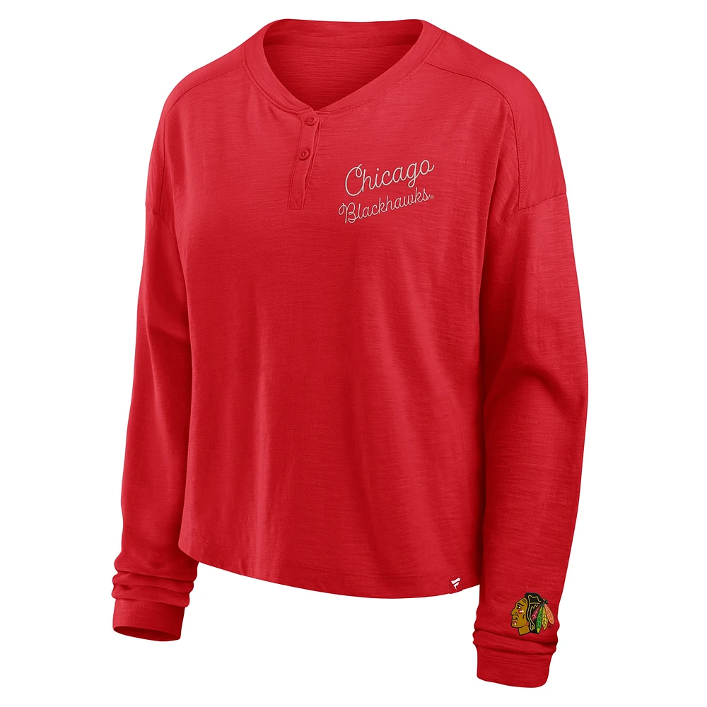 Women's Fanatics Red Chicago Blackhawks Oversized All Out Effort Long Sleeve Henley T-Shirt
