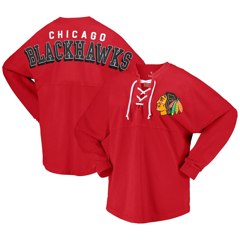 T-shirt en jersey à manches longues et col V Fanatics pour femmes, rouge, Chicago Blackhawks Spirit, lacets