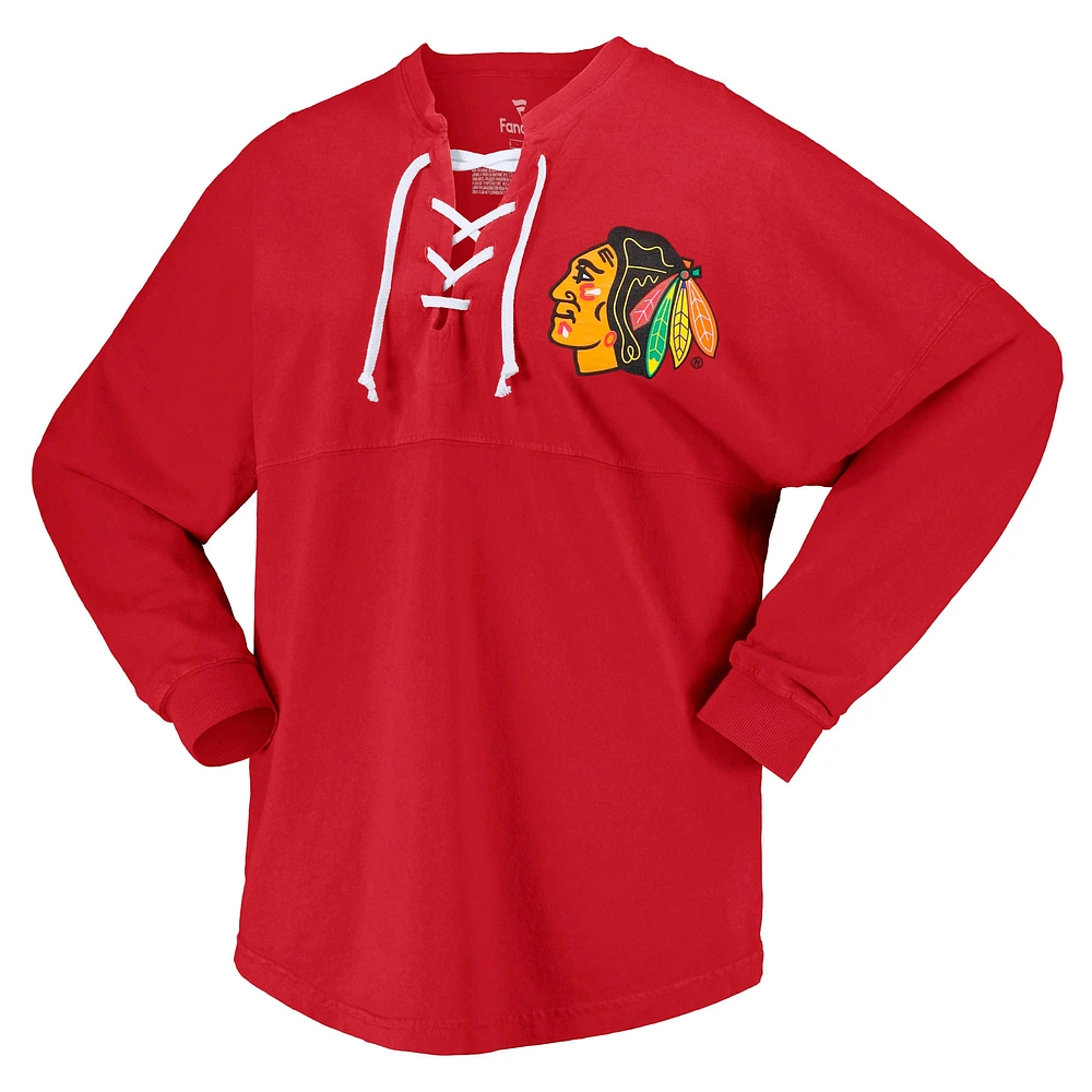 T-shirt en jersey à manches longues et col V Fanatics pour femmes, rouge, Chicago Blackhawks Spirit, lacets