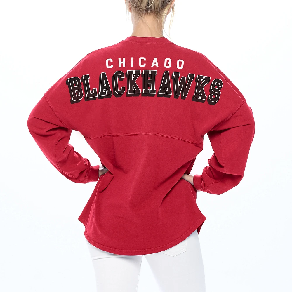 T-shirt en jersey à manches longues et col V Fanatics pour femmes, rouge, Chicago Blackhawks Spirit, lacets