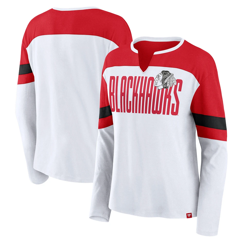 T-shirt à manches longues et col cranté pour femme Fanatics Chicago Blackhawks Frozen blanc/rouge