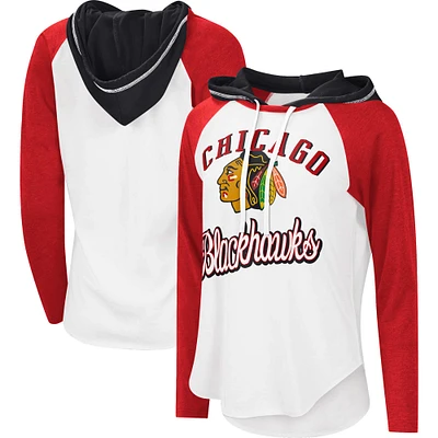 T-shirt à capuche léger G-III Sports by Carl Banks pour femmes, blanc/rouge chiné, MVP Raglan des Blackhawks de Chicago