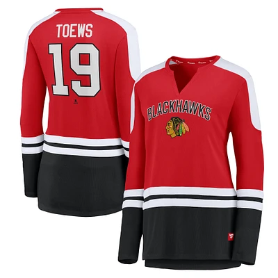 Women's Jonathan Toews Red/Black Chicago Blackhawks Power Player Long Sleeve Notch Neck T-Shirt