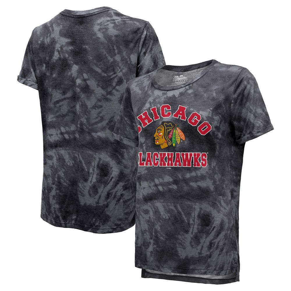 Women's Majestic Threads Black Chicago Blackhawks Boyfriend Tie-Dye Tri-Blend T-Shirt