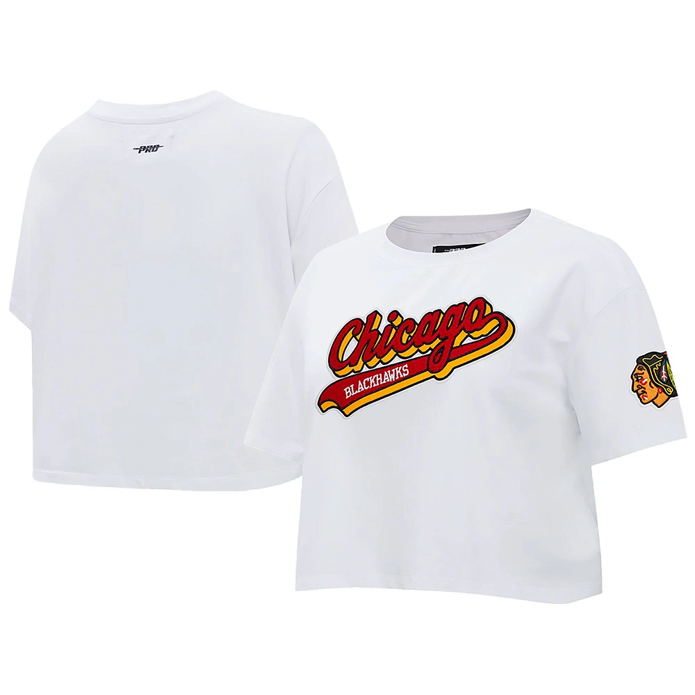 Women's Pro Standard White Chicago Blackhawks Boxy Script Tail Cropped T-Shirt