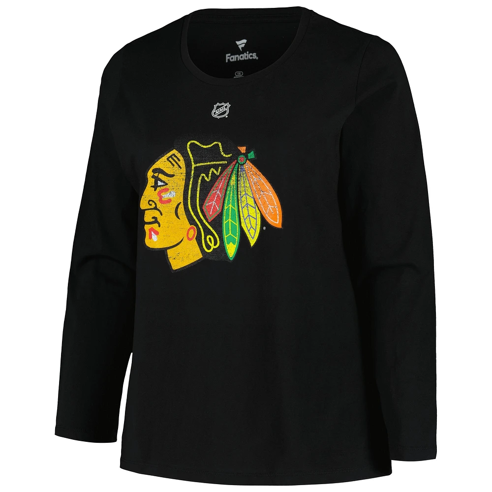 Women's Profile Connor Bedard Black Chicago Blackhawks Plus Distressed Printed Name & Number Long Sleeve T-Shirt